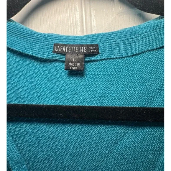 Lafayette 148 New York Teal Blue 100% Linen Pleated Scoop Neck Sleeveless Top L - Picture 3 of 6